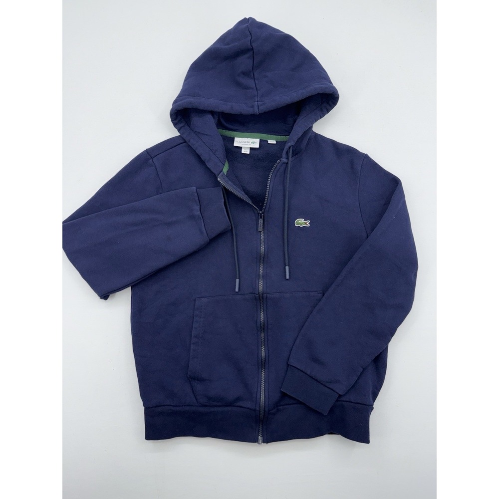 Lacoste Mens Zip Hoodie Navy Blue Classic Fit Size Medium Cotton Blend